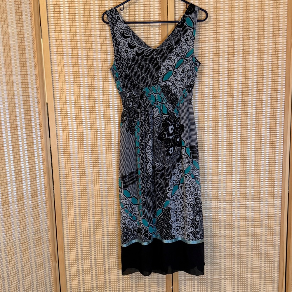 Biyaycda Teal Black Floral Patchwork Smocked Waist Midi Dress Women's 12 Resort - Picture 4 of 9